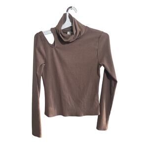 Chic Brown Ribbed Cutout Turtleneck Long Sleeve Top